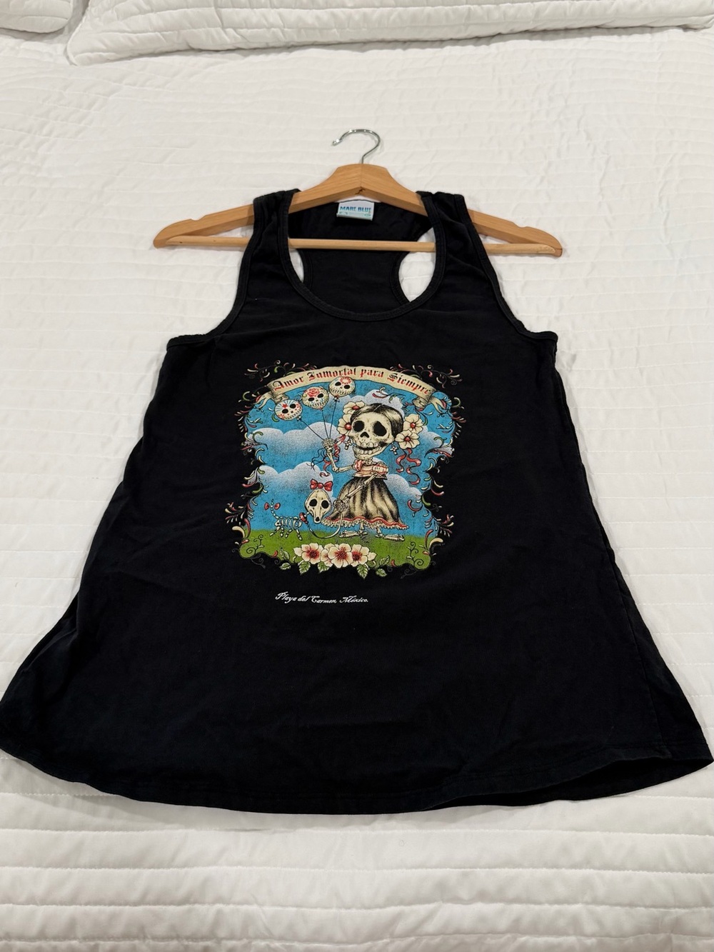 Women’s Black Graphic Tank Dress with Skullette Print Day of the dead theme.